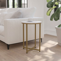 Flash Furniture NAN-JH-1787ET-MRBL-GG Hampstead Collection End Table - Modern White Marble Finish Accent Table with Crisscross Brushed Gold Frame